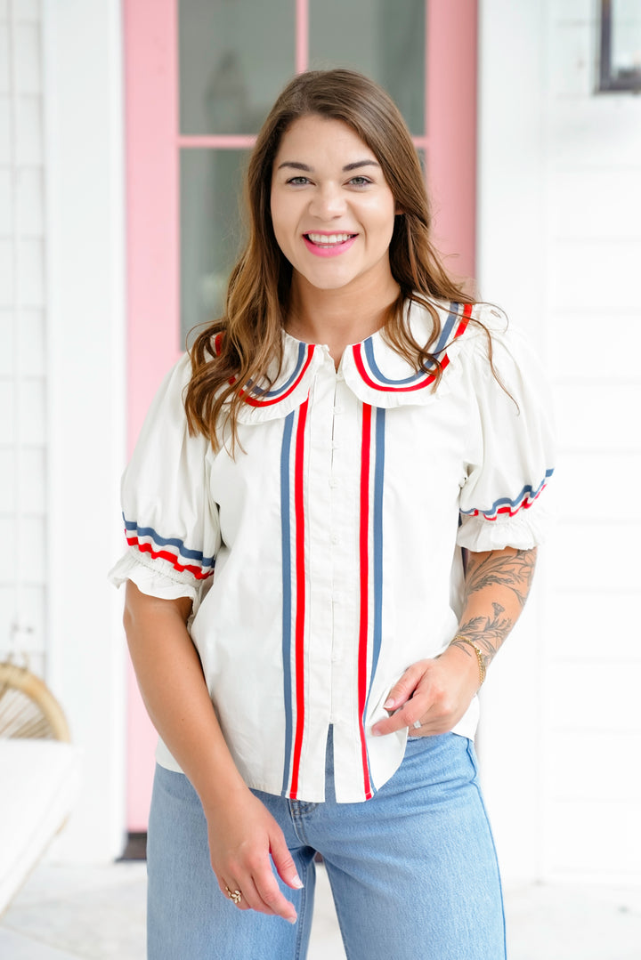 Short Puff Sleeve Button Down Top with Stripe Trim Detail