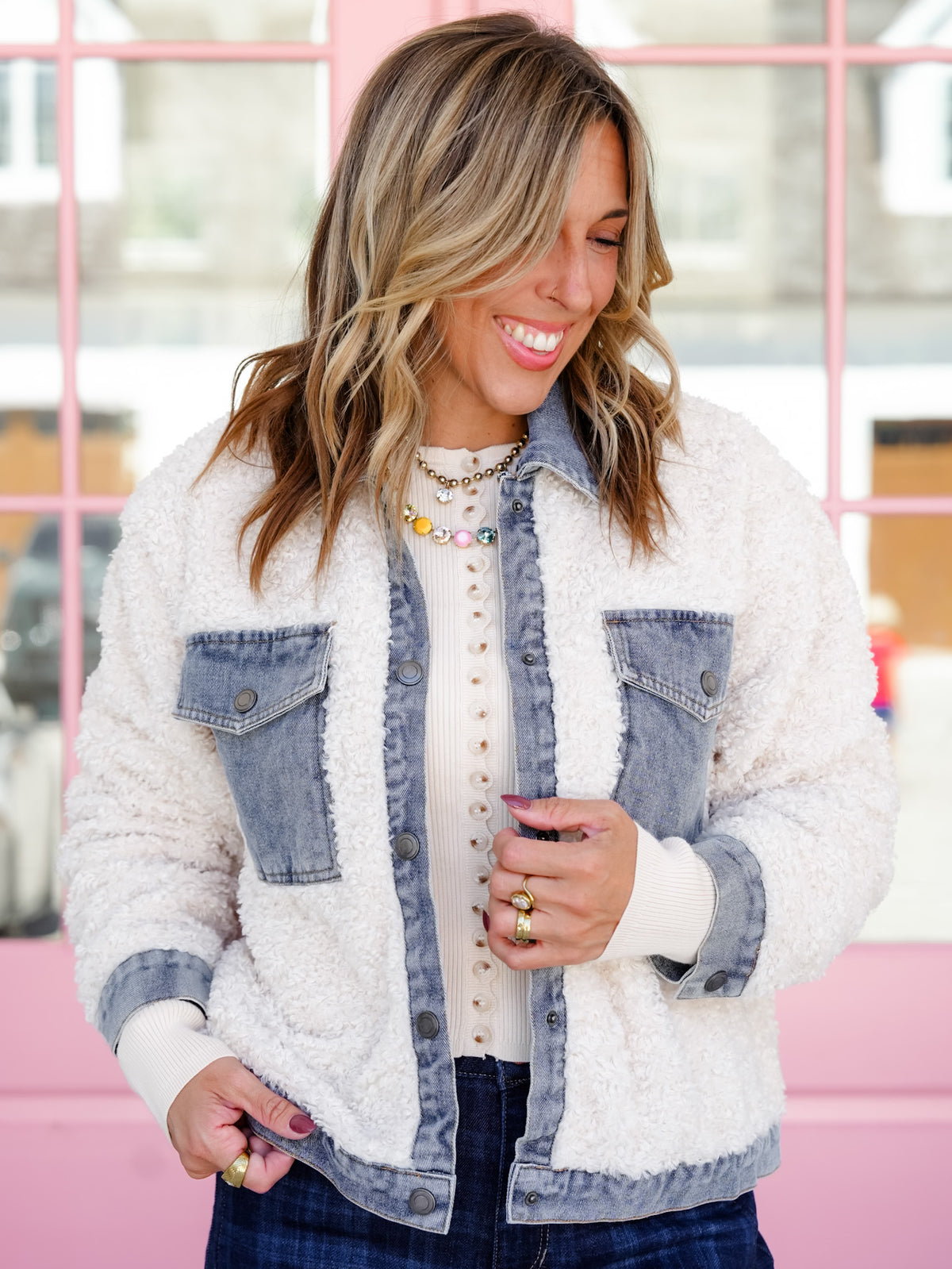 Plus/Reg Sherpa Long Sleeve Jacket with Contrast Trim - Freckled Poppy