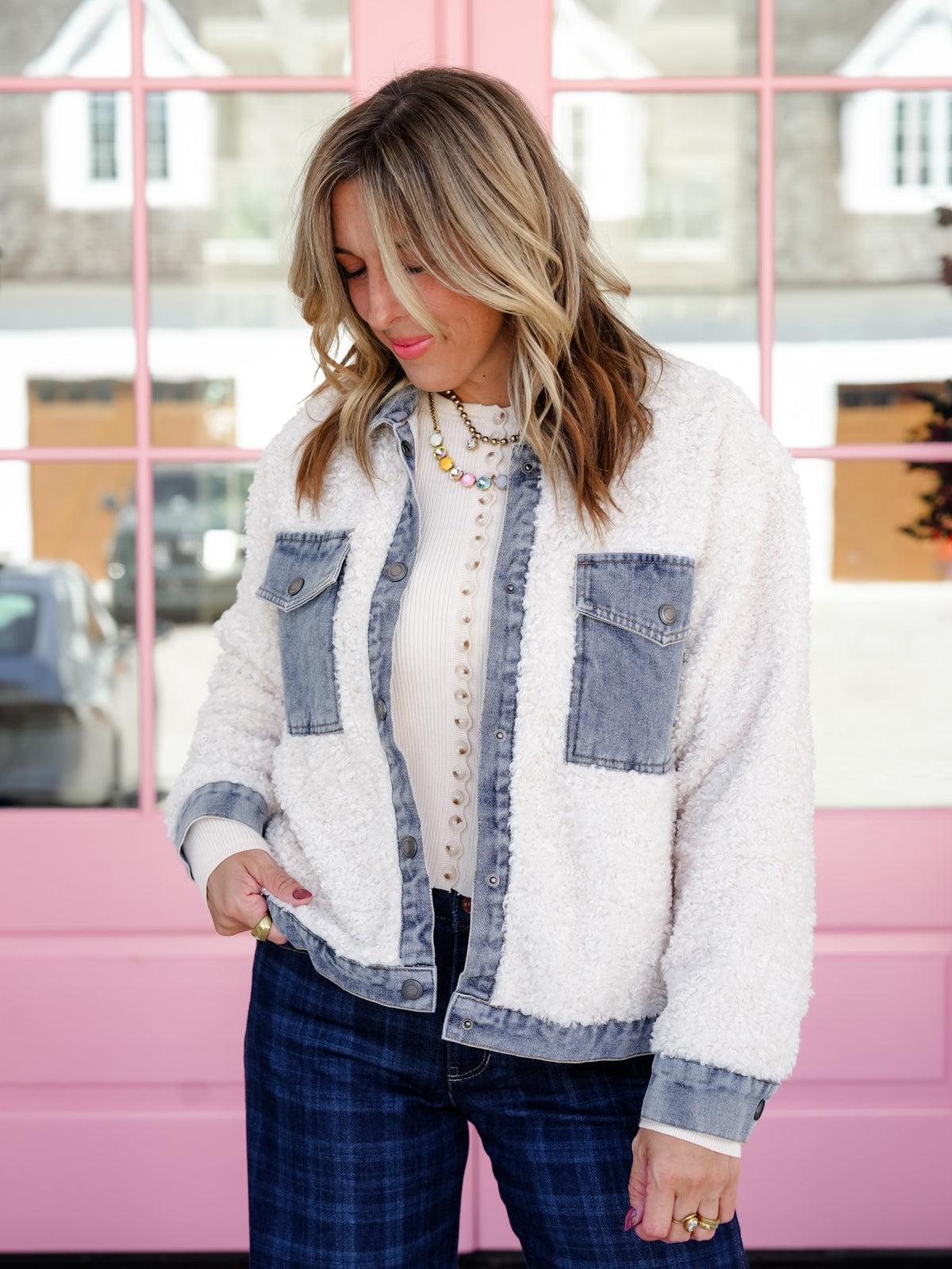 Plus/Reg Sherpa Long Sleeve Jacket with Contrast Trim - Freckled Poppy