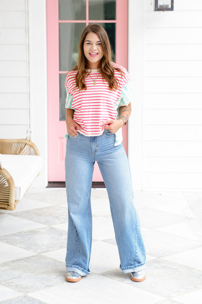 Stripe Color Block Short Sleeve Top