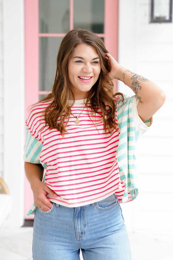 Stripe Color Block Short Sleeve Top