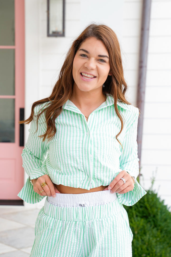 Stripe Seersucker Long Sleeve Button Down Cropped Top