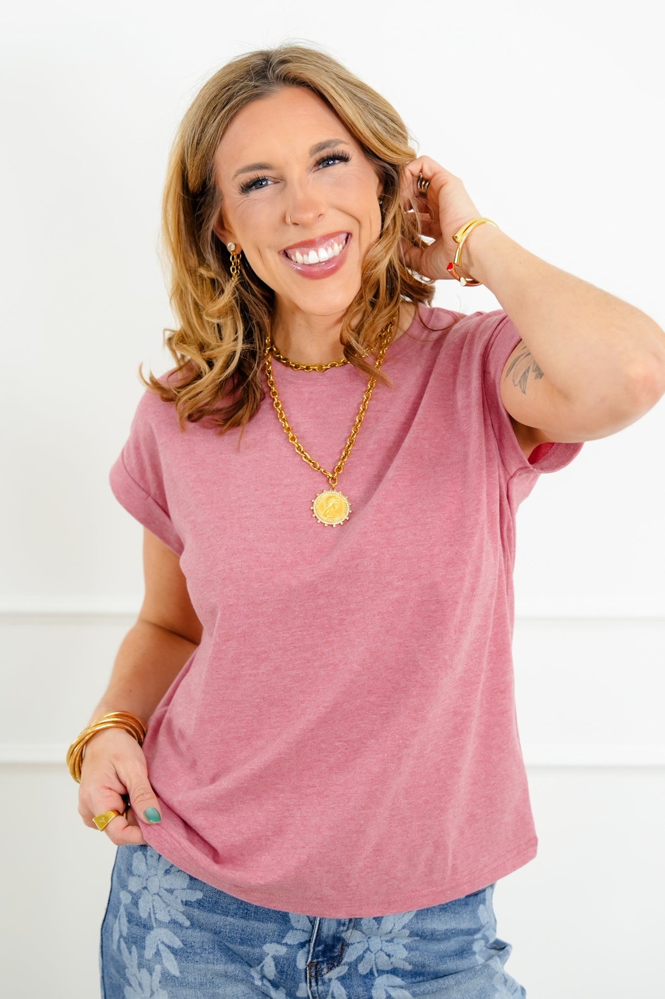 Door Buster! Zenana Round Neck Folded Short Sleeve Tee Shirt