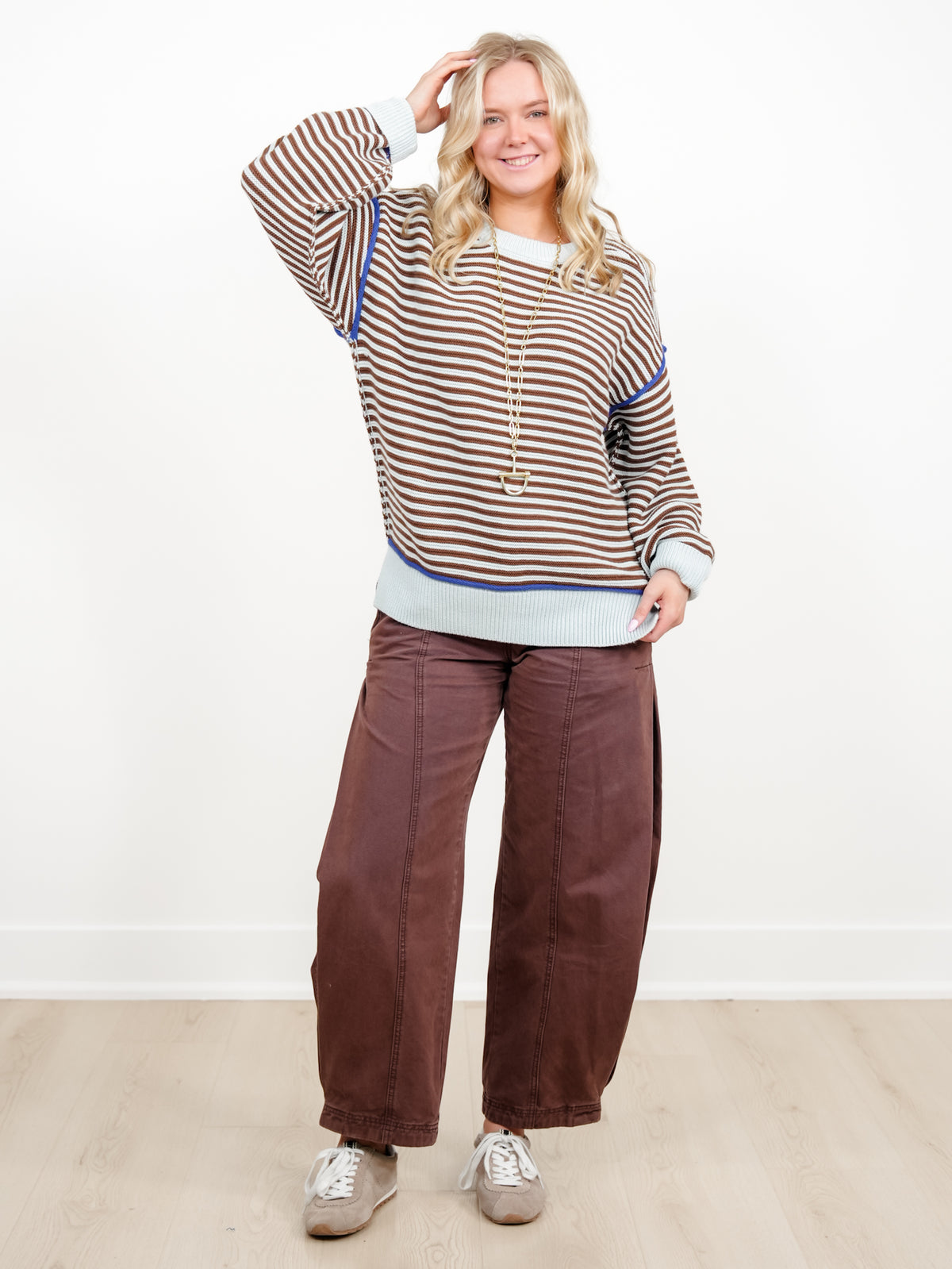 Stripe Long Sleeve Pullover Sweater with Contrast Seam Detail