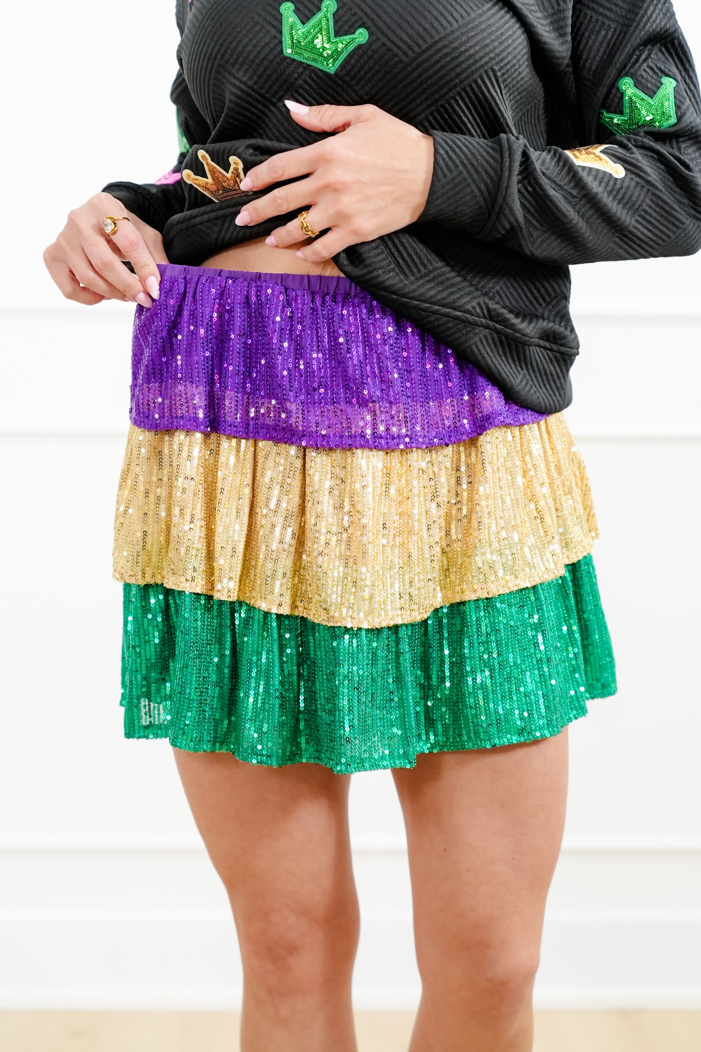 Mardi Gras Sequin Elastic Waist Tiered Mini Skirt