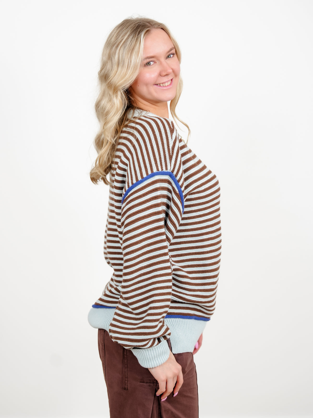 Stripe Long Sleeve Pullover Sweater with Contrast Seam Detail