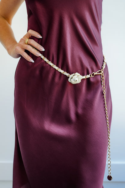 Gold Chain Belt with Floral and Pearl Accents