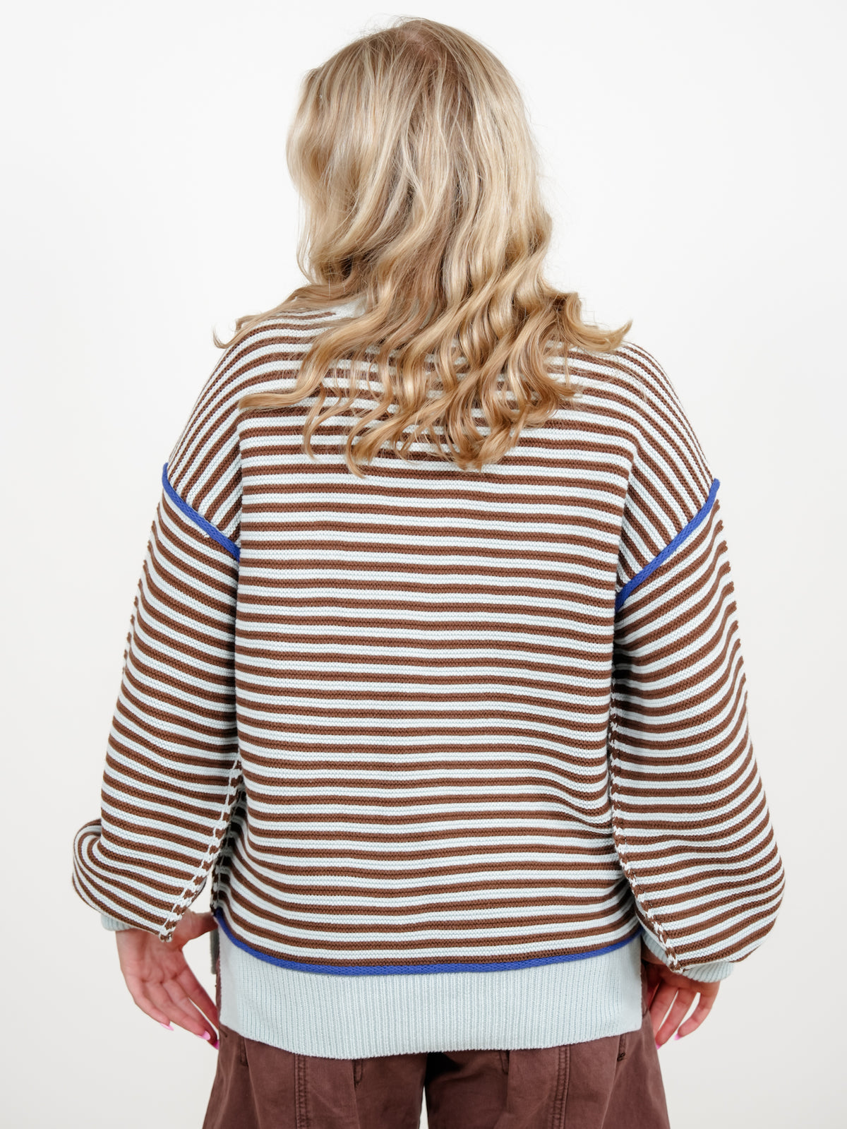 Stripe Long Sleeve Pullover Sweater with Contrast Seam Detail