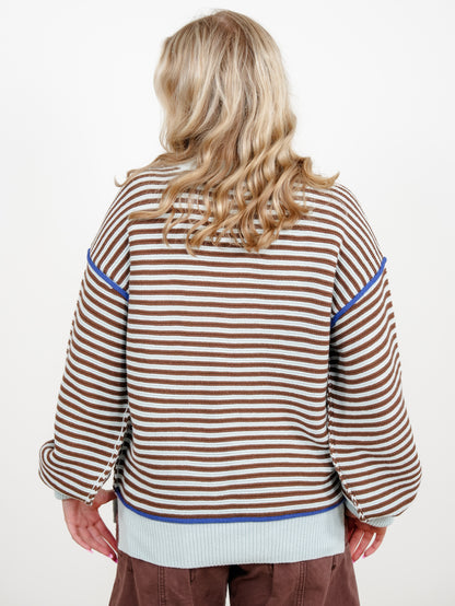 Stripe Long Sleeve Pullover Sweater with Contrast Seam Detail