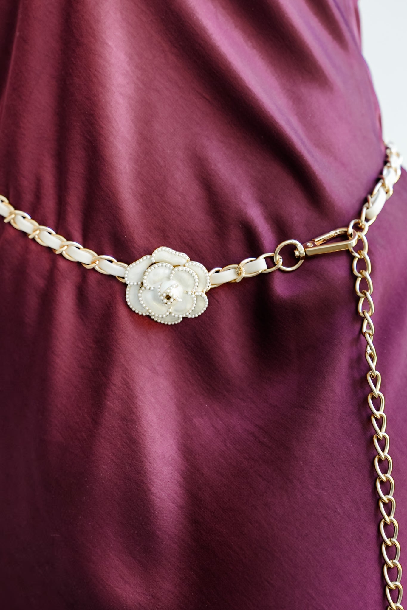 Gold Chain Belt with Floral and Pearl Accents