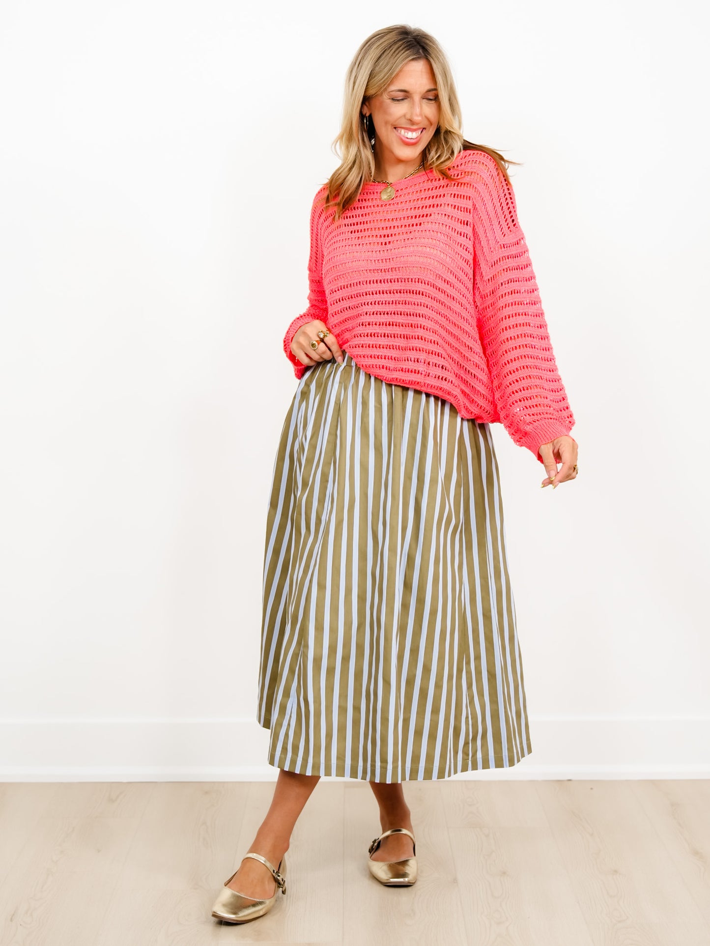 Elastic Waist Wide Stripe Midi Skirt