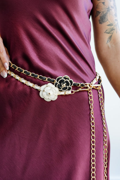 Gold Chain Belt with Floral and Pearl Accents