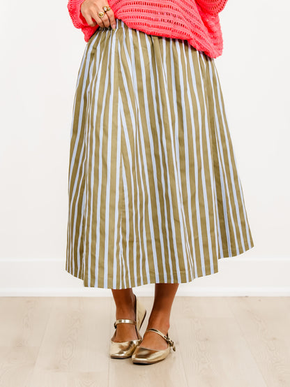 Elastic Waist Wide Stripe Midi Skirt