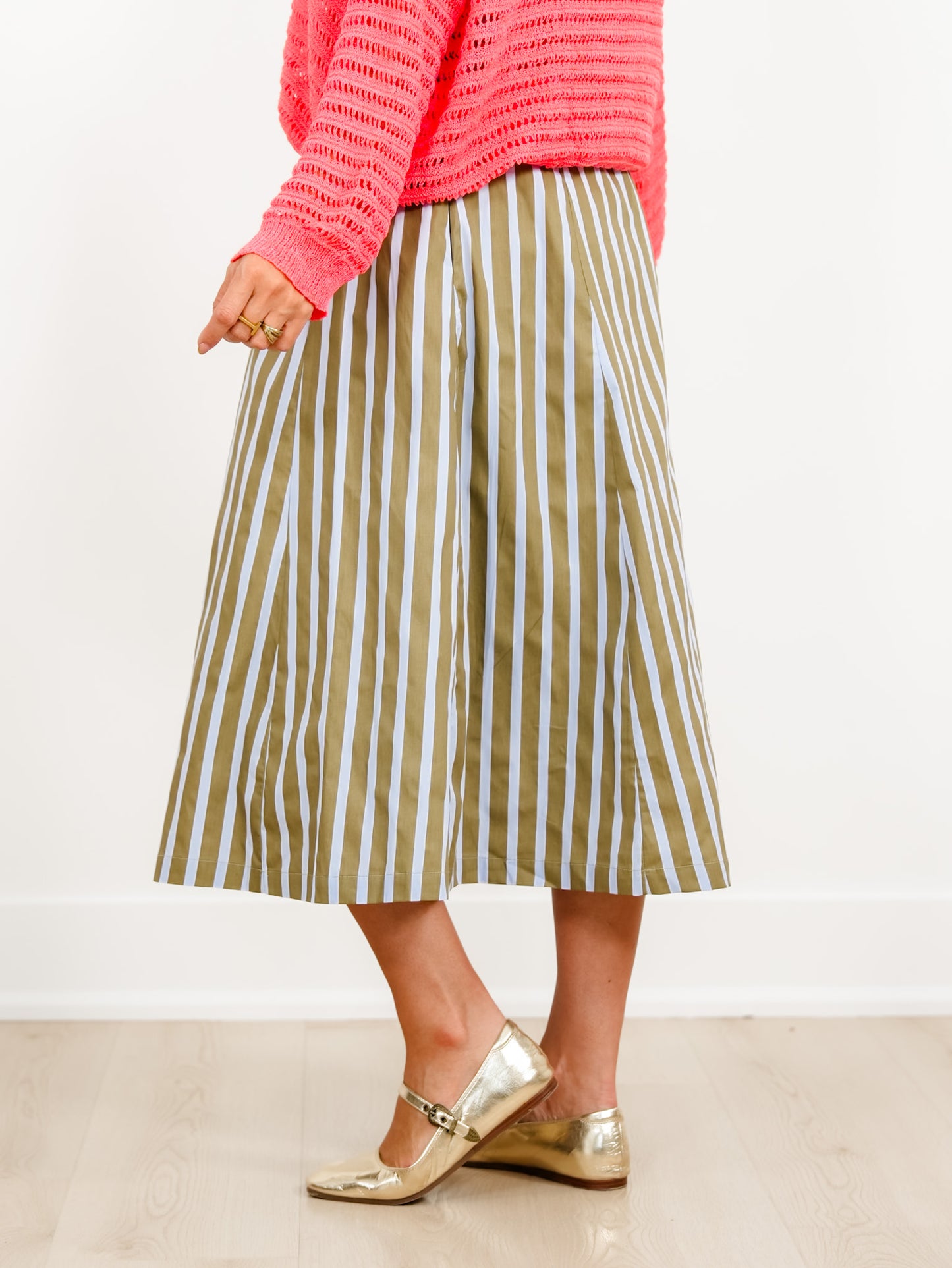 Elastic Waist Wide Stripe Midi Skirt