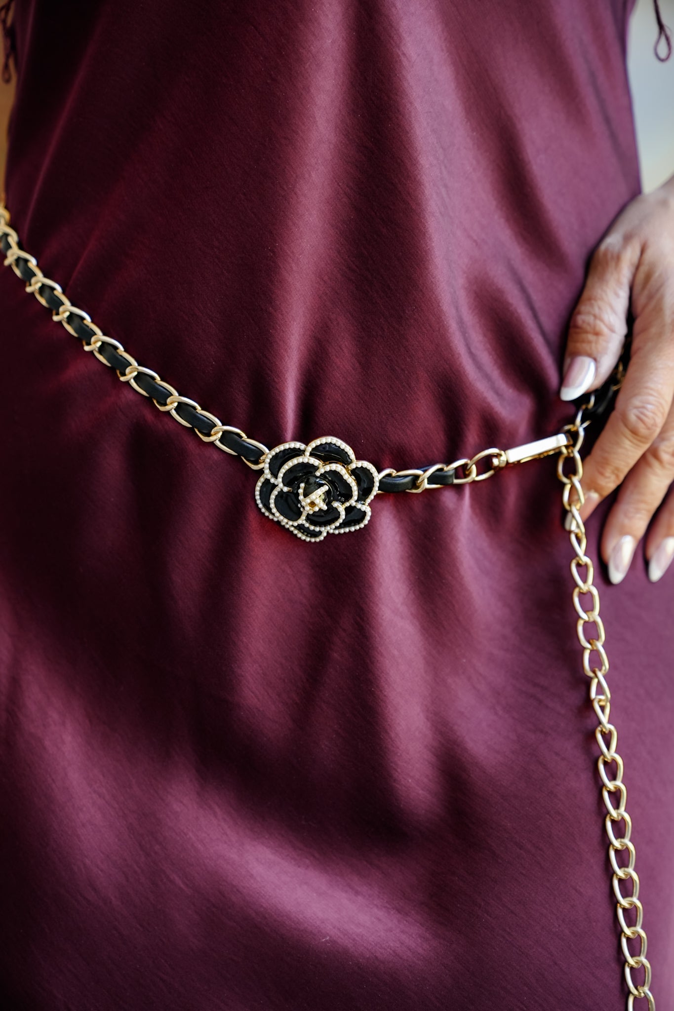 Gold Chain Belt with Floral and Pearl Accents