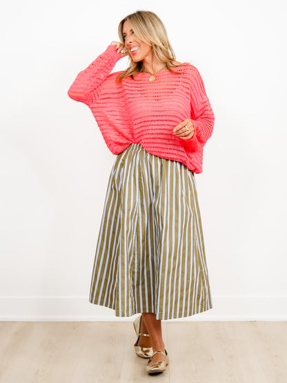 Elastic Waist Wide Stripe Midi Skirt