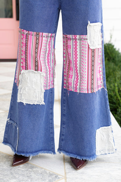 POL Denim Straight Leg Jeans with Patchwork