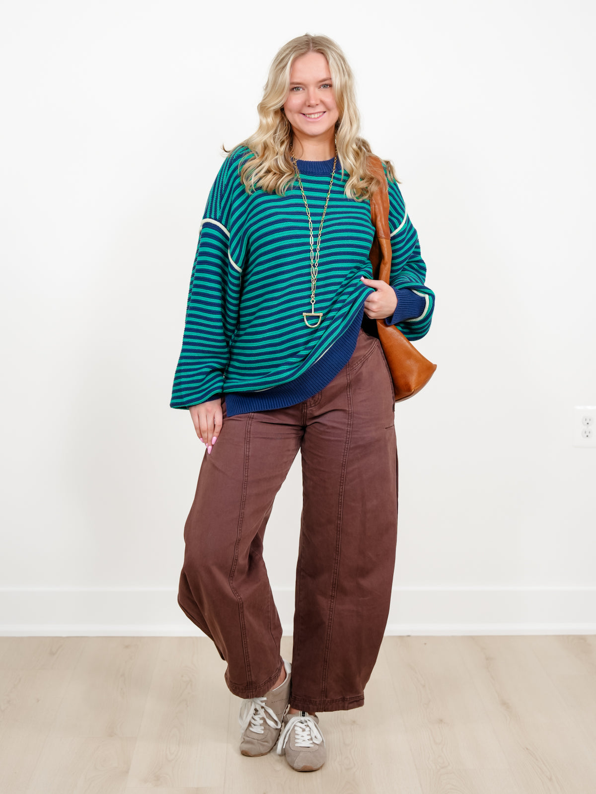 Stripe Long Sleeve Pullover Sweater with Contrast Seam Detail