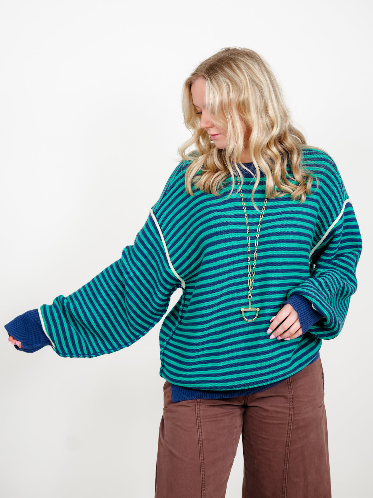 Stripe Long Sleeve Pullover Sweater with Contrast Seam Detail