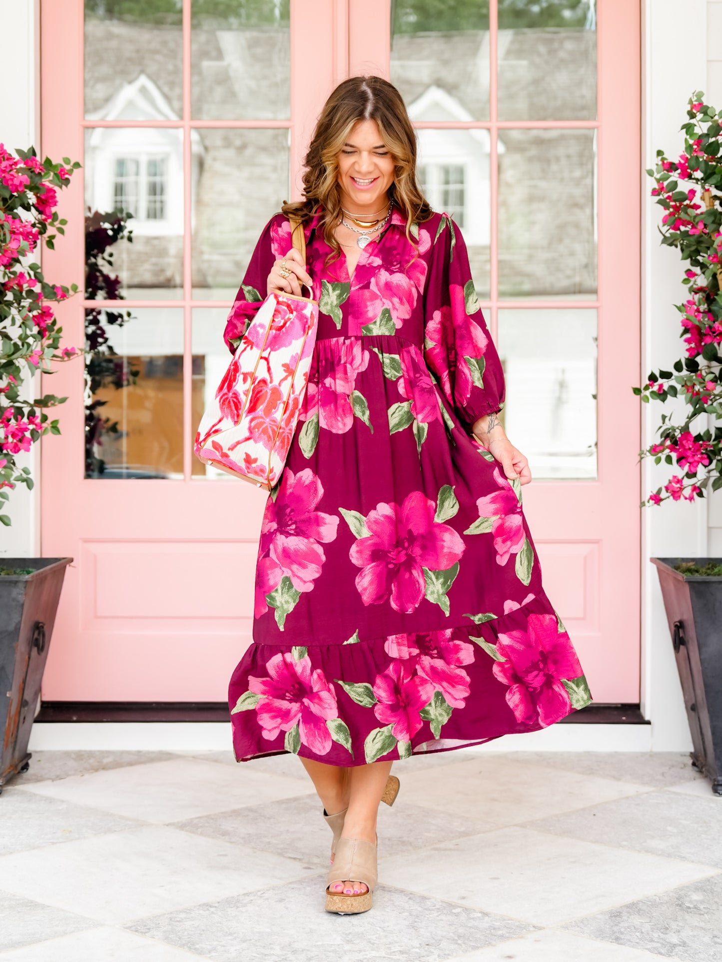 Plus/Reg Botanical Floral Print Puff Sleeve Tiered Midi Dress