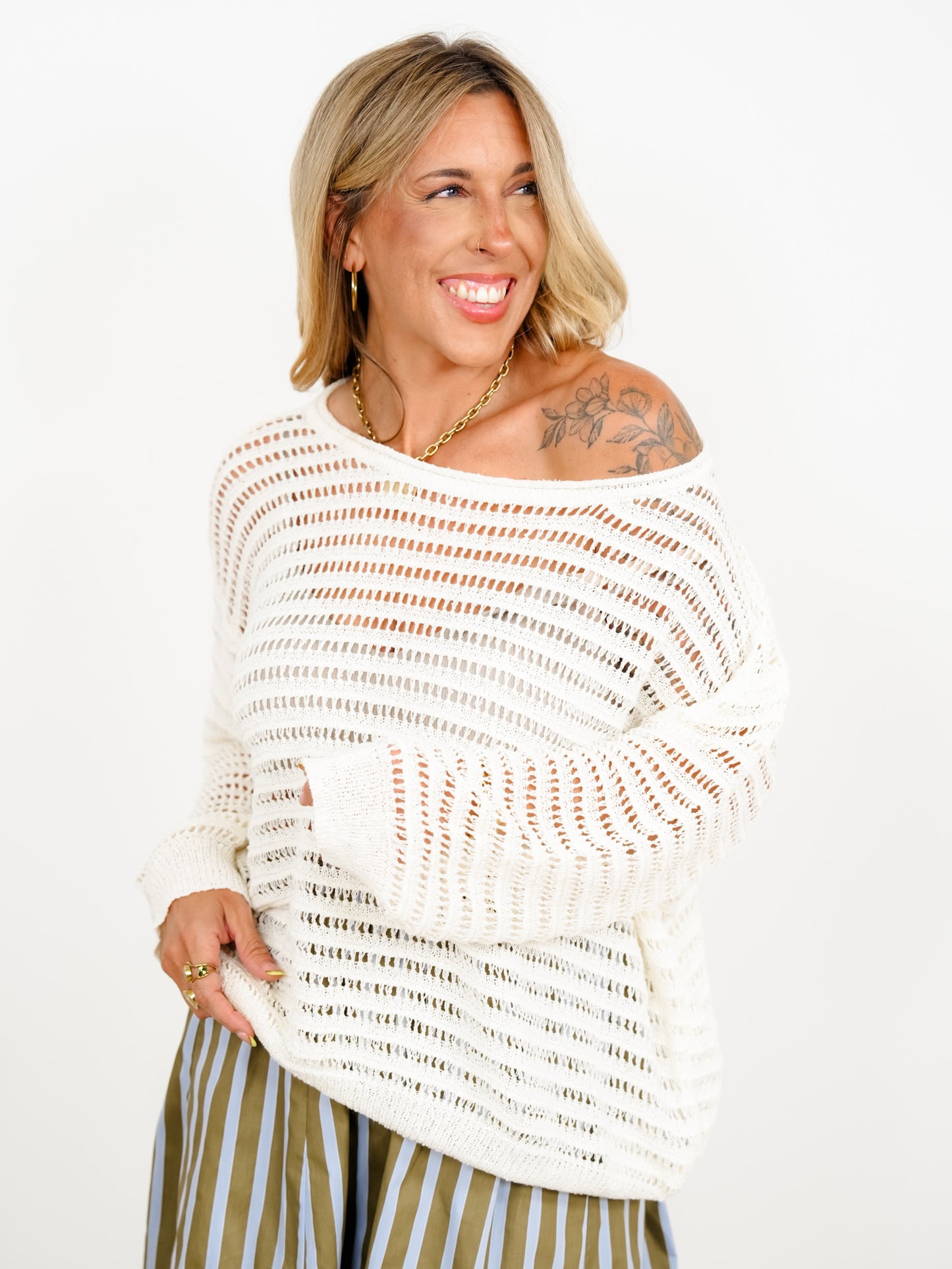 Loose Knit Long Sleeve BoatNeck Top