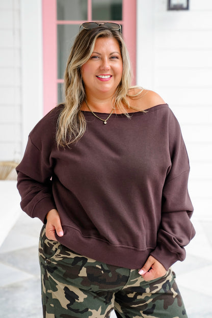 Plus/Reg French Terry Long Sleeve Off Shoulder Top
