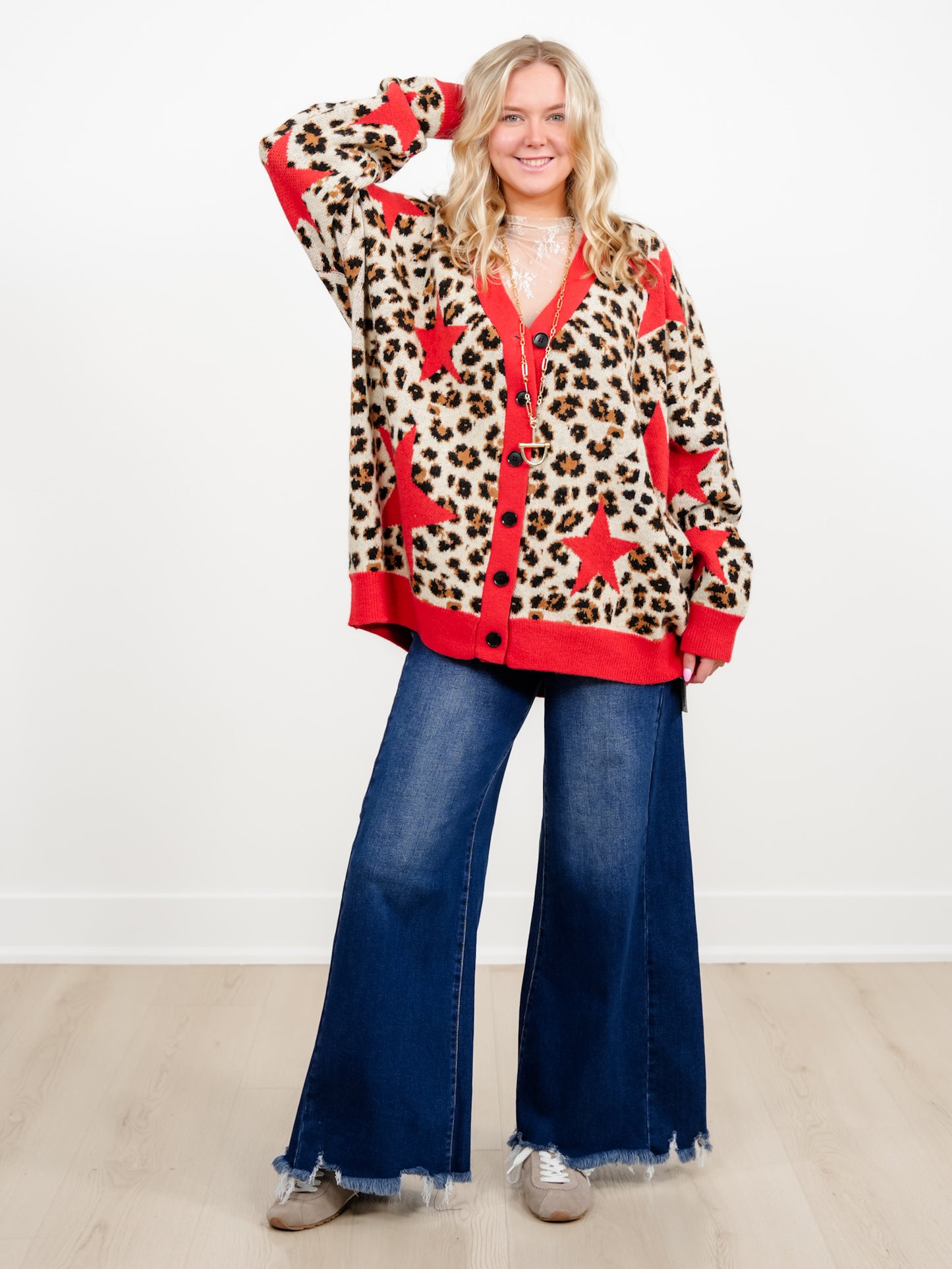 Plus/Reg Star Detail Leopard Print Button Down Sweater Cardigan