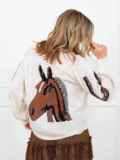 Ivory Long Sleeve Button Up Cardigan with Western Horse