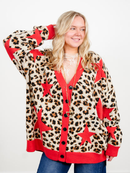 Plus/Reg Star Detail Leopard Print Button Down Sweater Cardigan