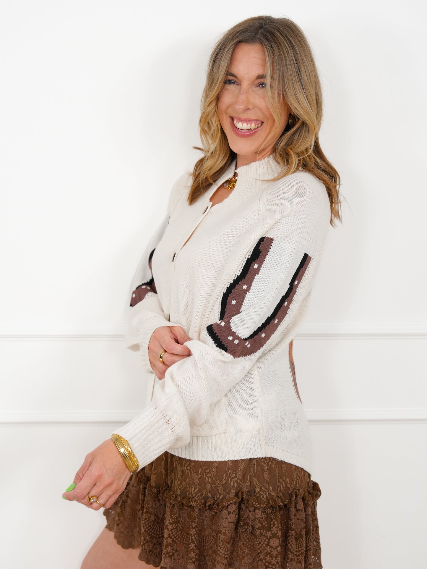 Ivory Long Sleeve Button Up Cardigan with Western Horse