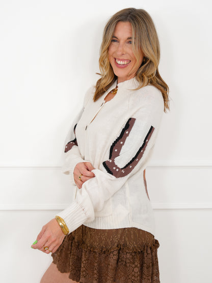 Ivory Long Sleeve Button Up Cardigan with Western Horse