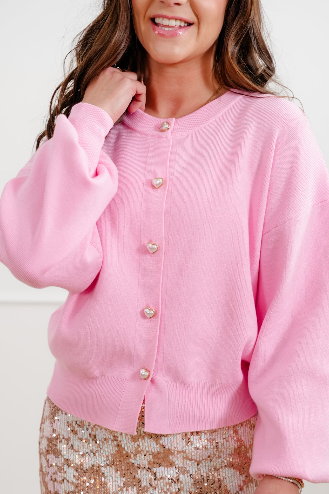 Pink Long Sleeve Cardigan with Heart Shaped Buttons