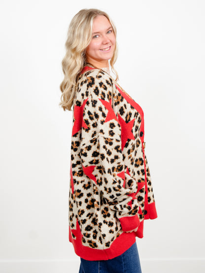 Plus/Reg Star Detail Leopard Print Button Down Sweater Cardigan