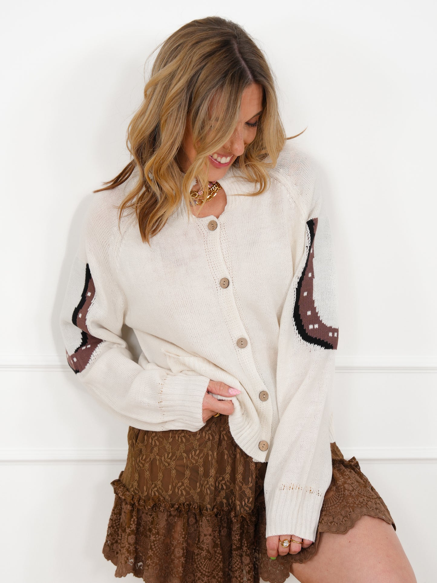 Ivory Long Sleeve Button Up Cardigan with Western Horse