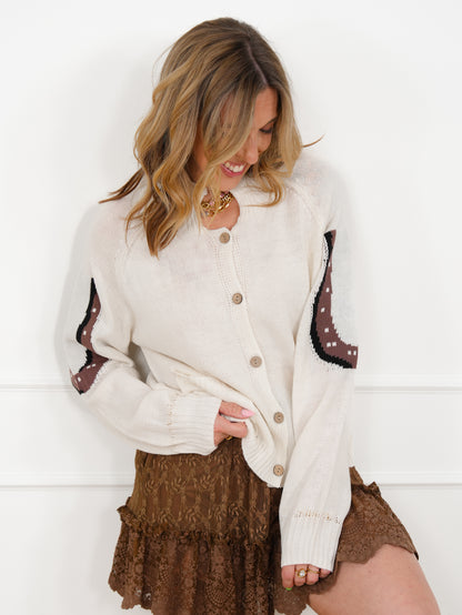 Ivory Long Sleeve Button Up Cardigan with Western Horse