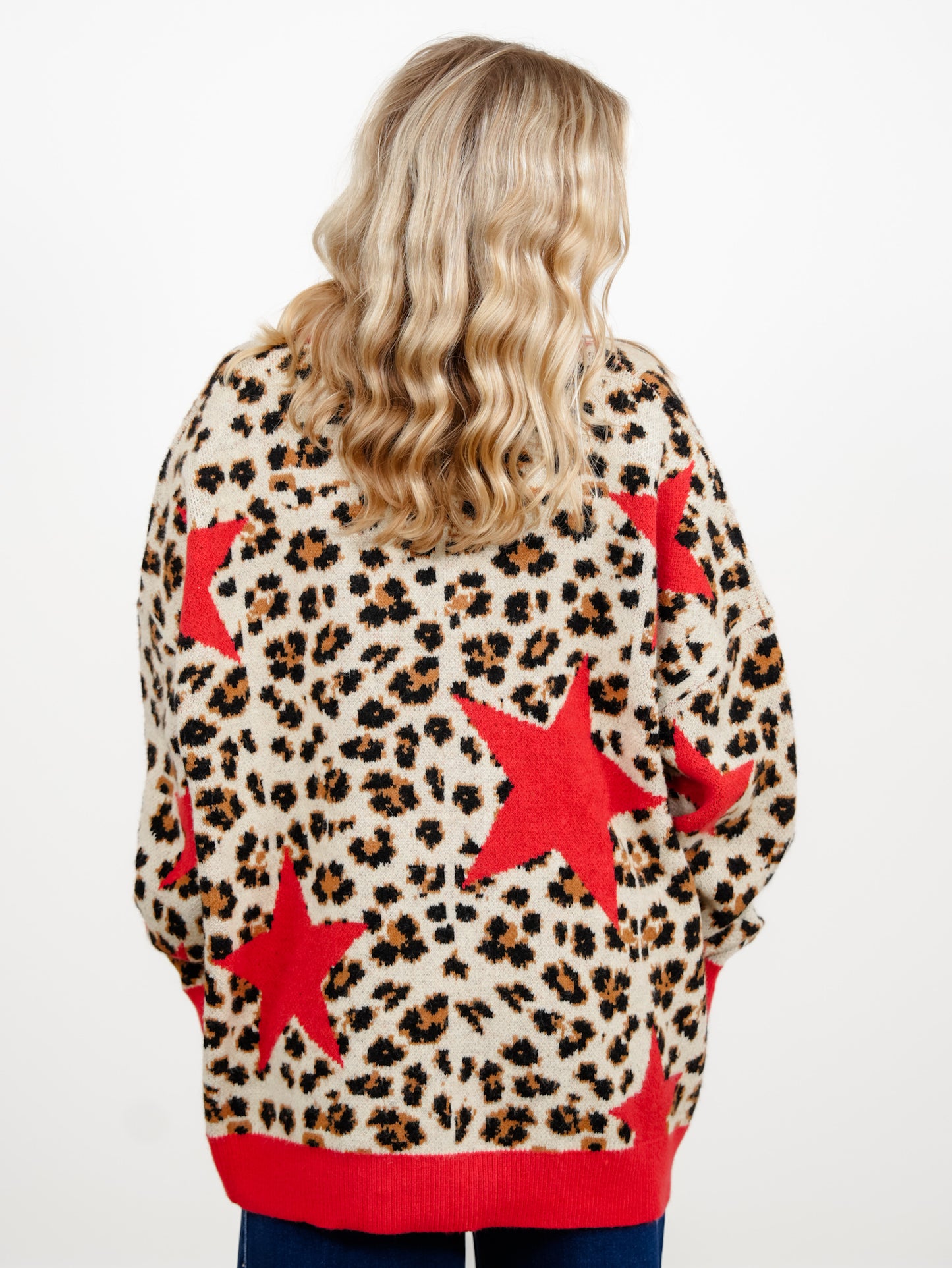 Plus/Reg Star Detail Leopard Print Button Down Sweater Cardigan