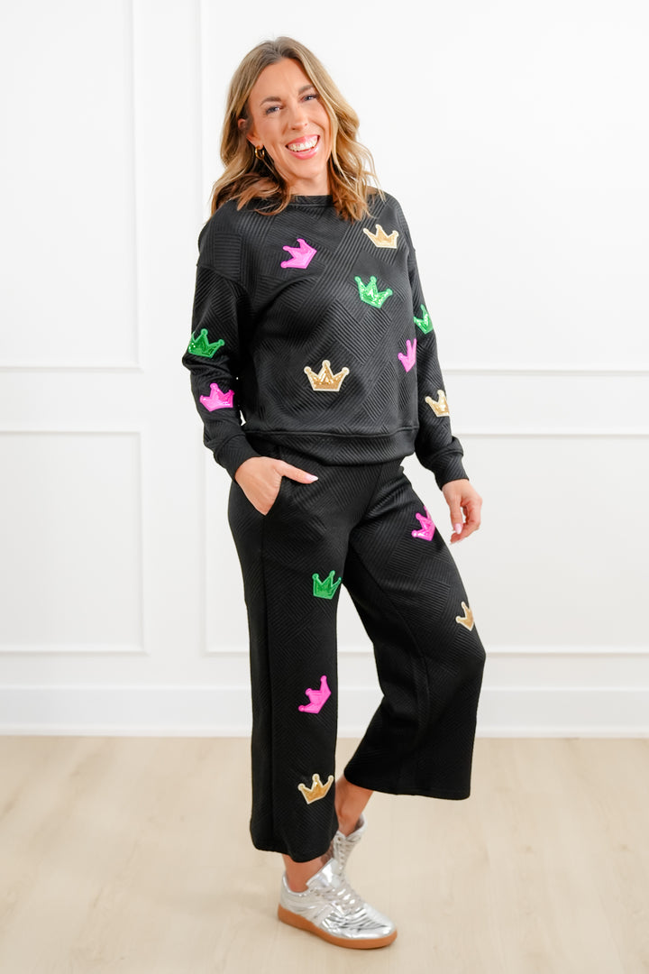 Plus/Reg Sequin Mardi Gras Crown Long Sleeve Pullover Top and Pants Set