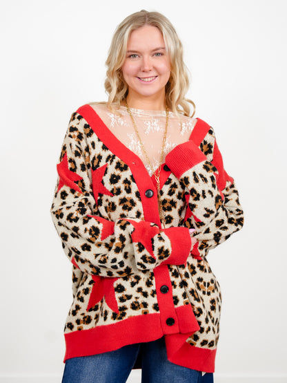 Plus/Reg Star Detail Leopard Print Button Down Sweater Cardigan