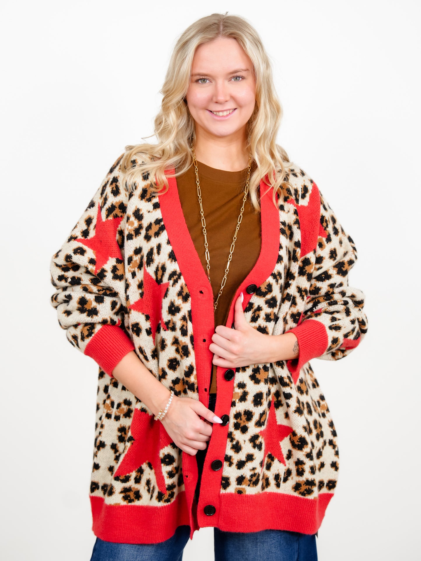 Plus/Reg Star Detail Leopard Print Button Down Sweater Cardigan