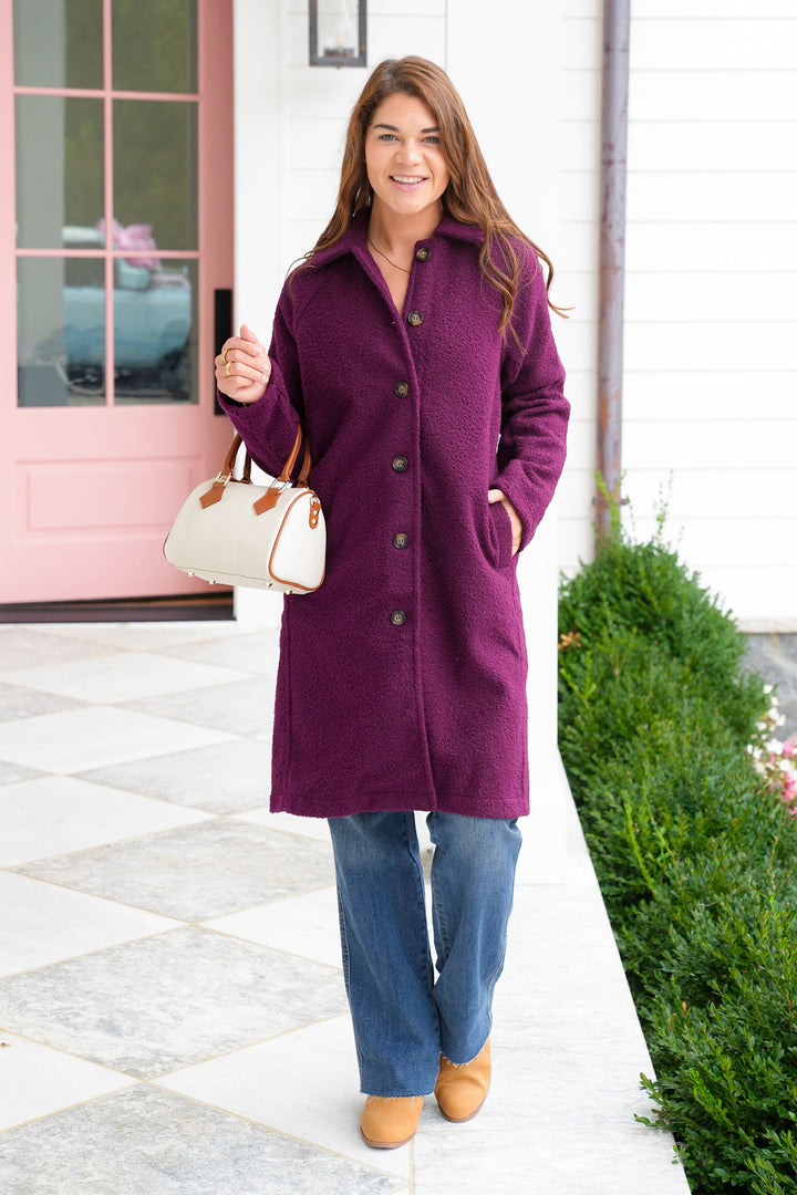 Plum Textured Long Sleeve Button Down Coat