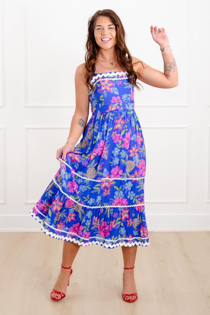 Blue Floral Sleeveless Midi Dress with Ric Rac Trim Detail
