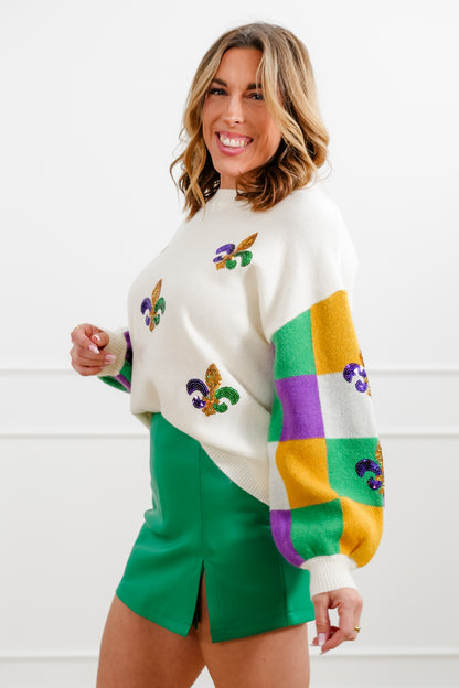 Mardi Gras Long Sleeve Sweater with Sequin Fleur De Lis