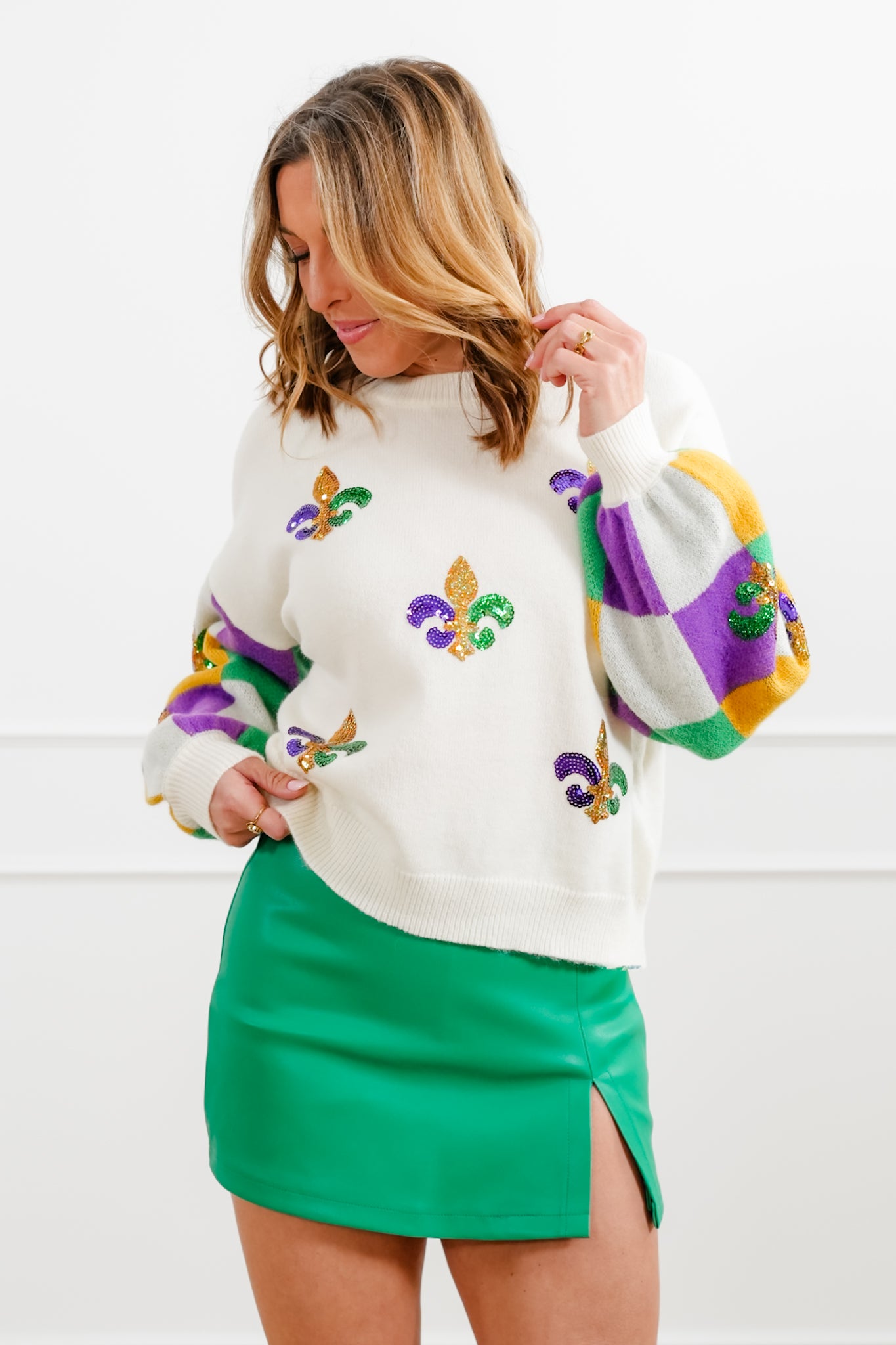 Mardi Gras Long Sleeve Sweater with Sequin Fleur De Lis