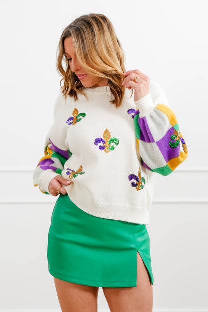 Mardi Gras Long Sleeve Sweater with Sequin Fleur De Lis