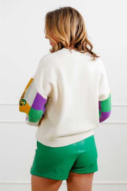 Mardi Gras Long Sleeve Sweater with Sequin Fleur De Lis