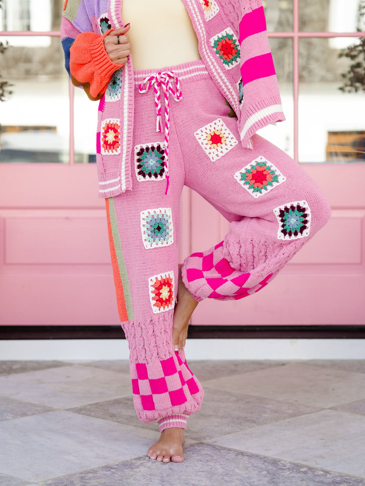 POL Knit Elastic Waist Pants with Crochet Granny Square Detail - Freckled Poppy