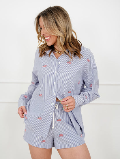Stripe Long Sleeve Button Down Top with Embroidered Flags