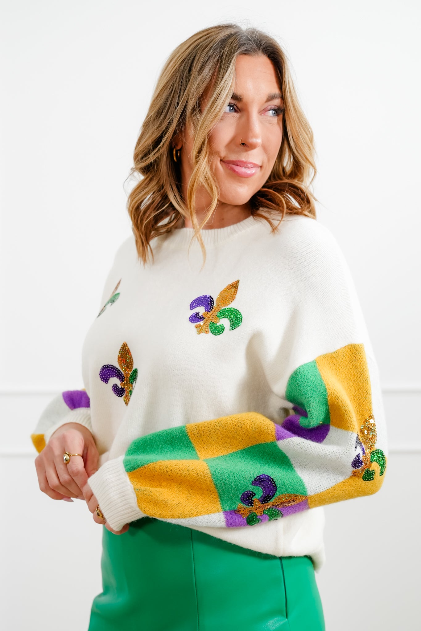 Mardi Gras Long Sleeve Sweater with Sequin Fleur De Lis