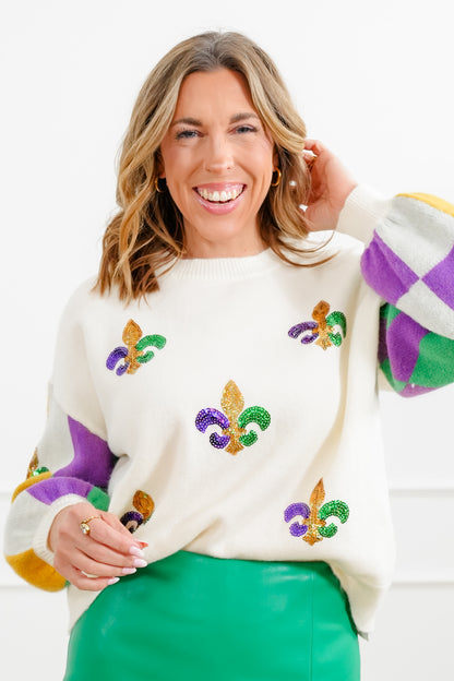 Mardi Gras Long Sleeve Sweater with Sequin Fleur De Lis