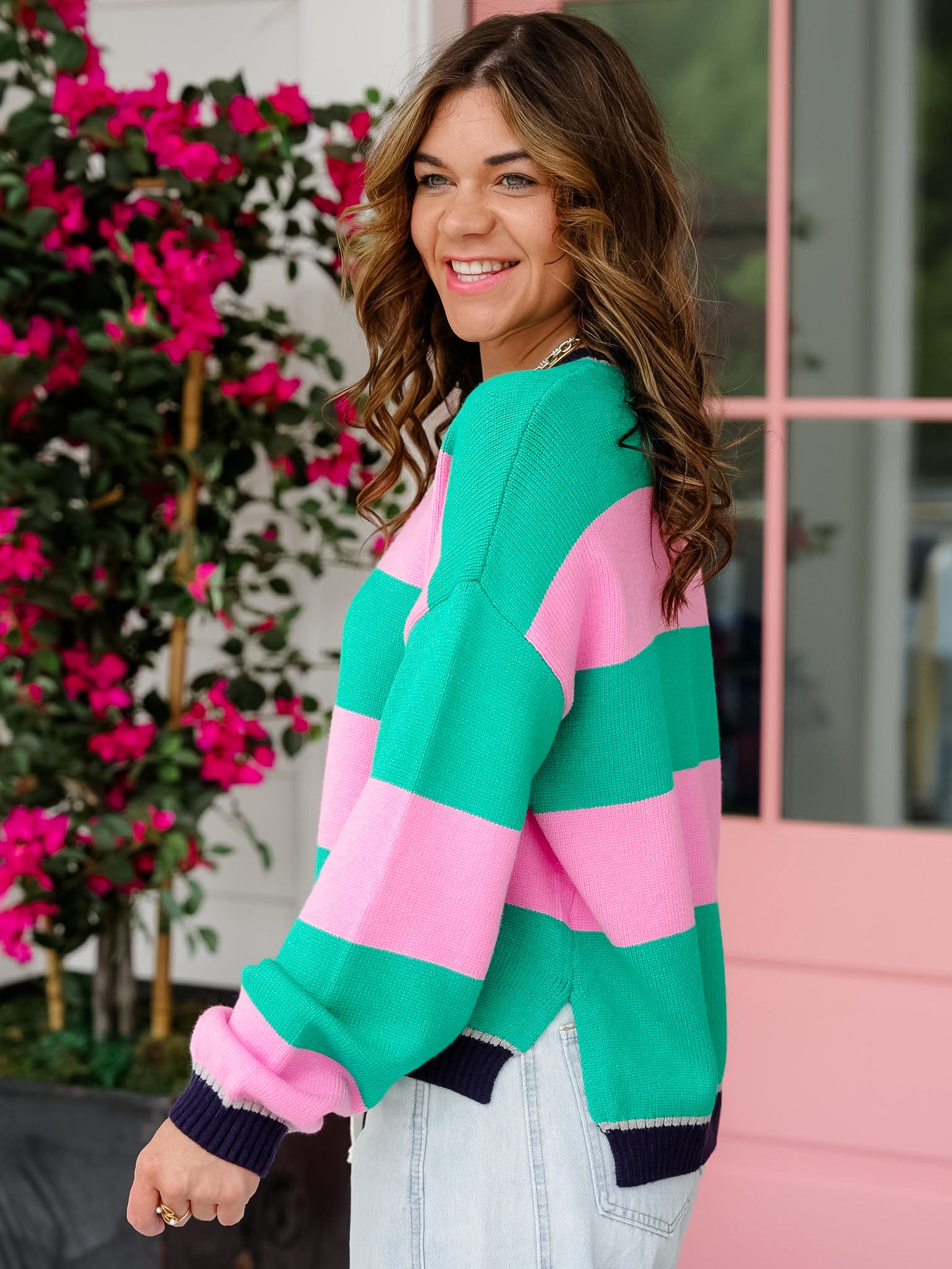 Wide Stiped Long Sleeve Pullover Sweater - Freckled Poppy